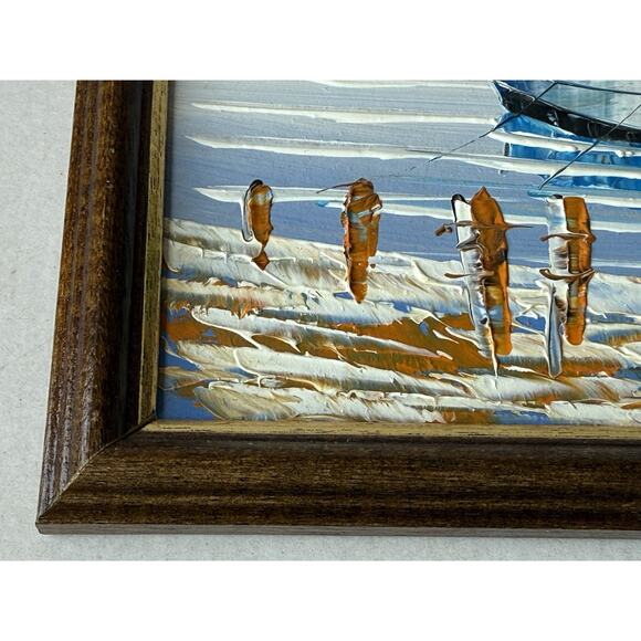 Framed Oil Painting Nautical Boats Impasto Framed Unsigned Docks Mooring Sea Sky - Picture 11 of 16